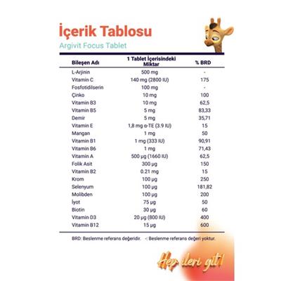 Argivit Focus L-Arjinin, Fosfotidilserin, Demir, Multivitamin ve Multimineral İçeren Tablet 30 Tablet