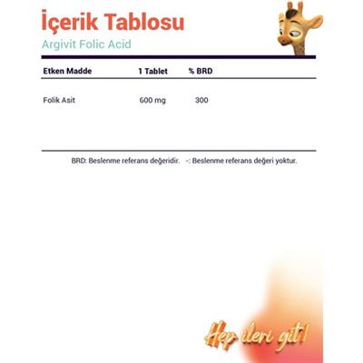 Argivit Folik Asit Vitamin B9 Içeren Takviye Edici Gıda 30 Tablet