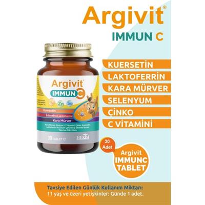 Argivit Immun C Tablet ( Kara Mürver, C Vitamini, Çinko, Kuersetin, Laktoferrin, Üzüm ) 30 Tablet