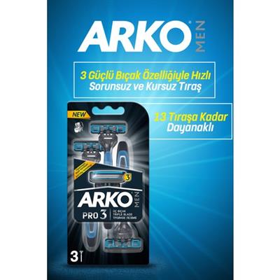 Arko 3 Bıçaklı Tıraş Bıçağı - Krom Kaplama, Oynar Başlık, 3lü Paket, Ergonomik Tasarım, Uzun Ömürlü