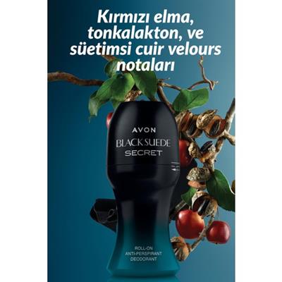 Avon Black Suede Secret Erkek Roll-On Deodorant - Odunsu Amber ve Kırmızı Elma Notalarıyla, Ter Kokusunu Önleyici, 50 ml