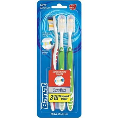 Banat Deep Clean Orta Sert Manuel Diş Fırçası 3lü Paket Derinlemesine Ağız ve Diş Temizliği