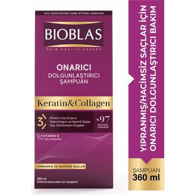 Bioblas Hacim Artırıcı Şampuan - İnce Telli Saçlar İçin Sülfatsız Kolajen ve Keratin Formülü, 360 ml, Bitkisel ve Paraben İçermez