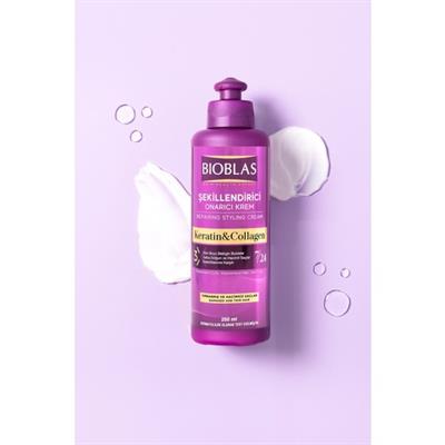 Bioblas Onarıcı Şekillendirici Krem - Keratin ve Kolajen İçeren, 250 ml - Yıpranmış ve Hacimsiz Saçlar İçin Gün Boyu Belirgin Bukleler Sağlar