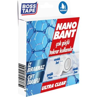 Boss Tape Nano Bant 3 Metre Çok Güçlü Çift Taraflı Şeffaf Yıkanabilir En:19mm