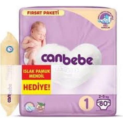 Canbebe Bebek Bezi Fırsat Paketi 1 No 2-5 kg 80 Adet Hediye Islak Pamuk Mendil ile