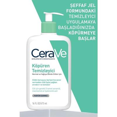 CeraVe Köpüren Temizleyici Jel - Yağlı ve Normal Ciltler İçin, Hyaluronik Asit ve Seramid ile Zenginleştirilmiştir, 473 ml