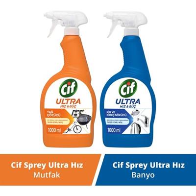 Cif Ultra Hız & Güç Yağ Çözücü Sprey 1000 ml x1 + Cif Ultra Hız Güç  Sprey Leke ve Kir Çıkarıcı 1000 ml x1