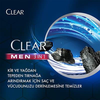 Clear Men 3 in 1 Şampuan & Duş Jeli Arındırıcı Kömür Saç Yüz Vücut İçin 350 ml