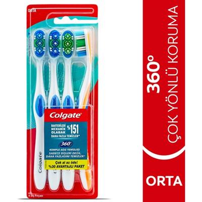 Colgate 360 Komple Ağız Temizliği Diş Fırçası Orta 4 Adet