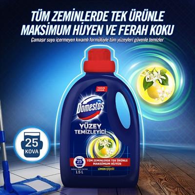 Domestos Yüzey Temizleyici Tek Ürünle Tüm Zeminlerde Maksimum Hijyen Limon Çiçeği 1500 ml 25 Kova