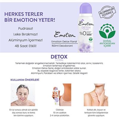 Emotion Deodorant Detox Floral Pudrasız 150 ml Alüminyum İçermeyen 48 Saat Etkili
