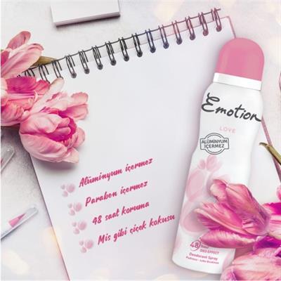 Emotion Love Kadın Sprey Deodorant - Ferah Çiçek Aroması, 150 ml, Pudrasız, Leke Bırakmayan, Alüminyum İçermeyen