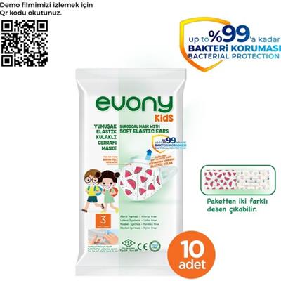 Evony Kids Elastik Kulaklıklı Cerrahi Çocuk Maskesi 10lu