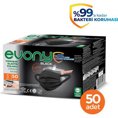 Evony Maske Black Elastik Kulaklı 50 Adet
