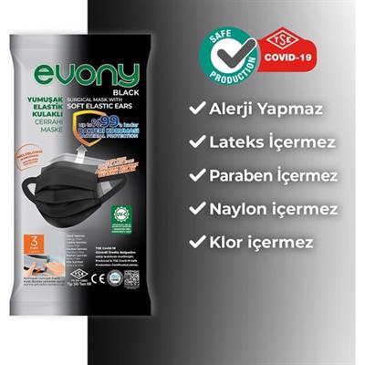 Evony Yumuşak Elastik Kulakli Cerrahi Maske Siyah 160 Adet