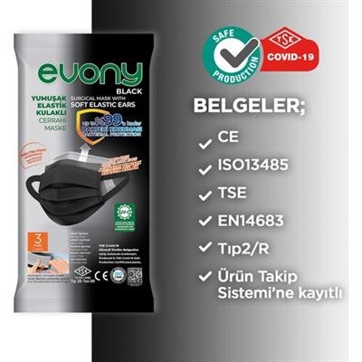 Evony Yumuşak Elastik Kulakli Cerrahi Maske Siyah 160 Adet