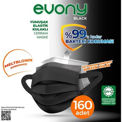 Evony Yumuşak Elastik Kulakli Cerrahi Maske Siyah 160 Adet