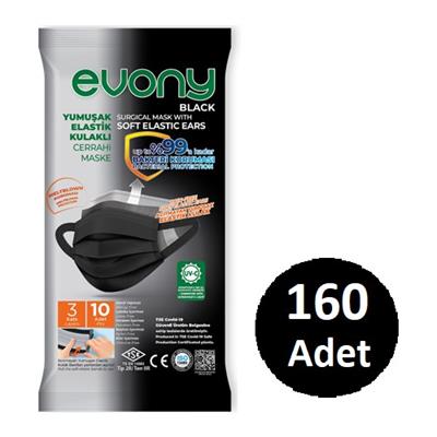 Evony Yumuşak Elastik Kulakli Cerrahi Maske Siyah 160 Adet