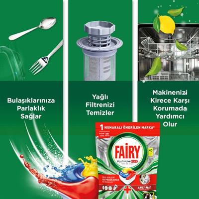 Fairy Platinum Plus Bulaşık Makinesi Deterjanı Kapsülü / Tableti; 40 Yıkama Limon Kokulu