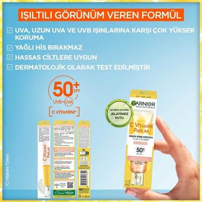 Garnier C Vitamini Parlak Günlük Güneş Koruyucu Fluid Yüz Kremi Işıltılı Doku SPF50+ 40ML