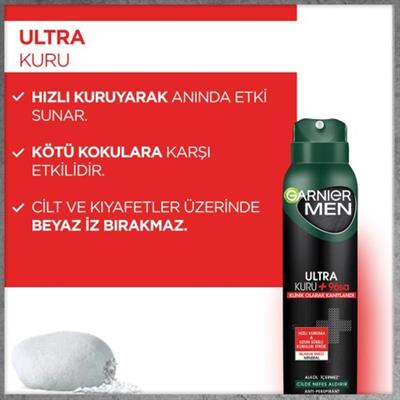 Garnier Men Erkek Sprey Deodorant Kokusuz Ultra Kuru 96 Saat Etkili Alkol İçermez 150 ml