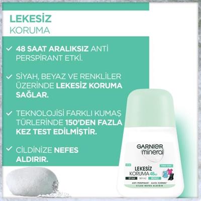 Garnier Mineral Kadın Roll-On Deodorant 50 ml Ferah Kokulu Pudrasız Organik 48 Saat Lekesiz