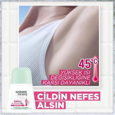 Garnier Mineral Roll-On Deodorant - 72 Saat Etkili, Ferah Koku ve Termal Koruma, Kadınlar için Pudrasız, 50 ml (Tekli)