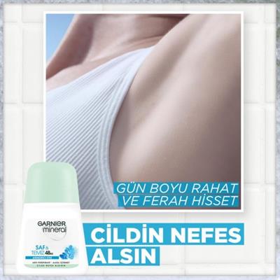 Garnier Mineral Saf ve Temiz Roll-On Deodorant - Kadınlar için 48 Saat Etkili, Pudrasız ve Alkol İçermeyen Ferah Temizlik Kokusu, 50 ml