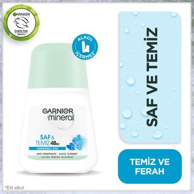 Garnier Mineral Saf ve Temiz Roll-On Deodorant - Kadınlar için 48 Saat Etkili, Pudrasız ve Alkol İçermeyen Ferah Temizlik Kokusu, 50 ml