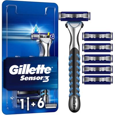 Gillette Sensor3 Tıraş Makinesi - 3 Bıçaklı, Kayganlaştırıcı Bant ve Oynar Başlık ile, 1 Adet + 6 Yedek Bıçak