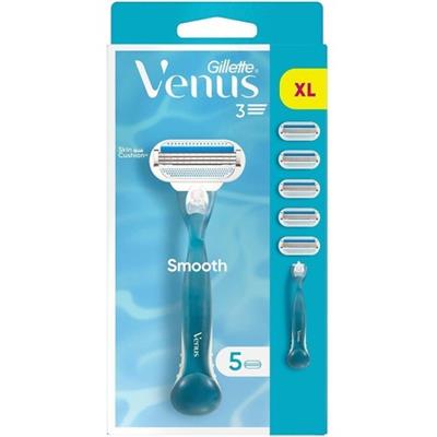 Gillette Venus Smooth Kadın Tıraş Makinesi - 3 Bıçaklı, Kayganlaştırıcı Bant ile, 1 Adet Makine + 5 Yedek Başlık