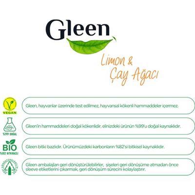 Gleen Organik İçerikli Vegan 1 lt Limon-Çay Ağacı Sprey Yüzey Temizleyici