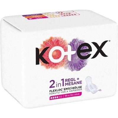 Kotex 2 In1 Regl + Mesane Ultra Uzun 12li Ped Gün Boyu Konfor ve Sızıntı Önleyici Teknoloji