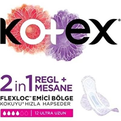 Kotex 2 In1 Regl + Mesane Ultra Uzun 12li Ped Gün Boyu Konfor ve Sızıntı Önleyici Teknoloji