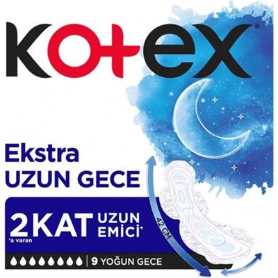 Kotex Hijyenik Ped 9lu Ekstra Uzun Gece Tipi Anti Alerjik Çift Katlı Emici Sızıntı Önleyici