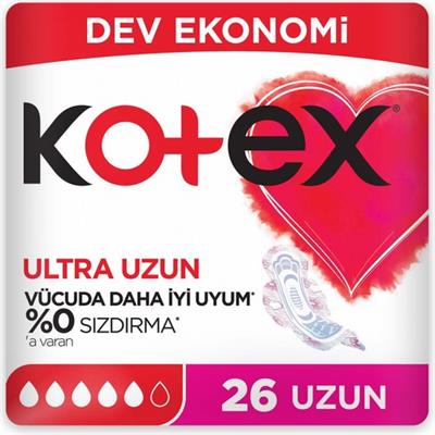 Kotex Hijyenik Ped Ultra Uzun 26 Adet Sızıntı Önleyici Teknoloji ile Gün Boyu Koruma