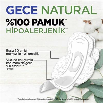 Kotex Natural Gece Ped Hipoalerjenik %100 Pamuk 16 Adet Sızıntı Önleyici Özellik