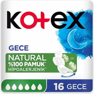 Kotex Natural Gece Ped Hipoalerjenik %100 Pamuk 16 Adet Sızıntı Önleyici Özellik