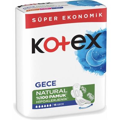 Kotex Natural Gece Ped Hipoalerjenik %100 Pamuk 16 Adet Sızıntı Önleyici Özellik