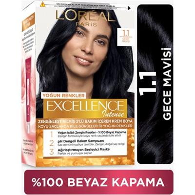LOréal Paris Excellence Intense 1.1 Gece Mavisi Saç Boyası Krem Formül %100 Beyaz Kapama 99 ml