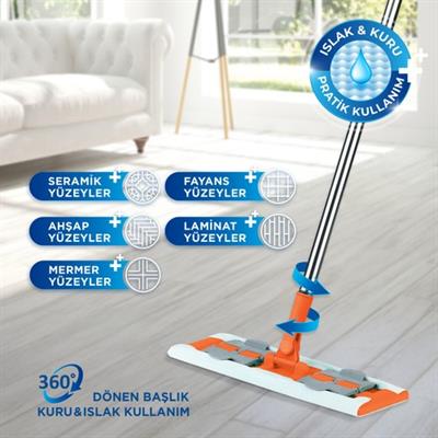 Macromax Famous+ Düz Mop Yer Temizlik Sistemi, Islak ve Kuru Kullanım, 360 Döner Başlıklı Pratik Paspas