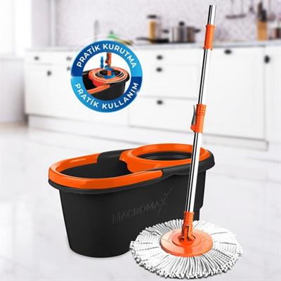 Macromax Focus Black Otomatik Temizlik Seti, Pedalsız Döner Sıkmalı 360 Başlıklı Mikrofiber Paspas