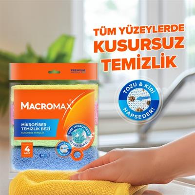 Macromax Mikrofiber Temizlik Bezi 4lü Paket, Çok Amaçlı Toz Alma ve Yüzey Silme Bezi