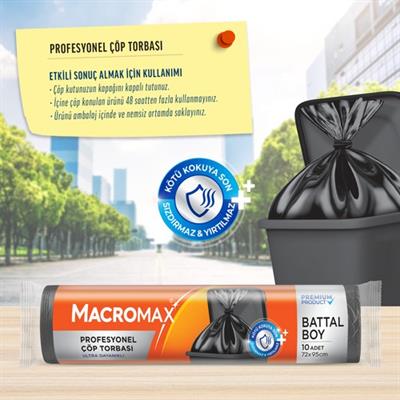 Macromax Profesyonel Çöp Torbası Battal Boy (72x95 cm) 10 Adet, Ultra Dayanıklı Kalın Siyah Sanayi Tipi Poşet