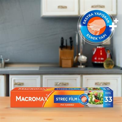 Macromax Streç Film 33 Metre, PVC İçermez, Standart Boy Gıdaları Taze Tutan Streç Film