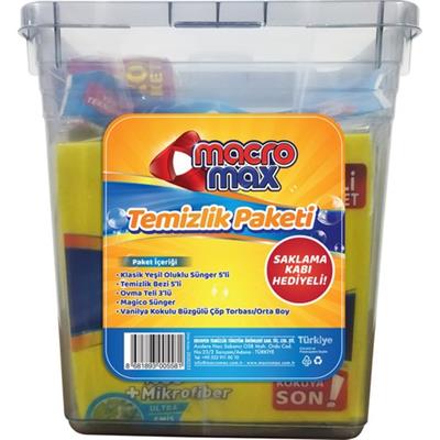 Macromax Temizlik Paketi 5li Bulaşık Süngeri+5li Temizlik Bezi+3lü Ovma Teli+Magico Sünger+Çöp Torbası - 5 Lt Saklama Kabı Hediyeli