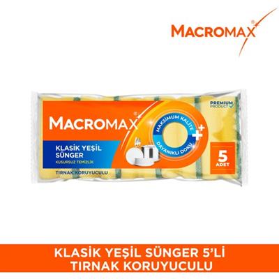 Macromax Tırnak Koruyuculu Bulaşık Süngeri 5li Paket, Ergonomik Yeşil Klasik Sünger