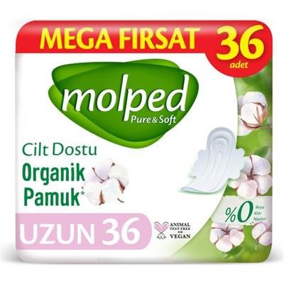 Molped Pure&Soft Organik Pamuklu Hijyenik Ped 36lı Cilt Dostu Mega Uzun Boyasız ve Klor İçermez