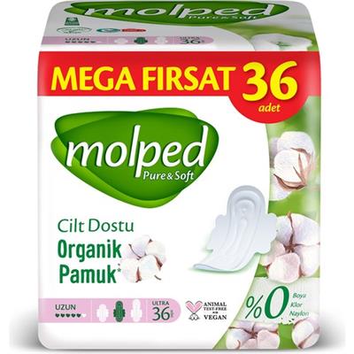 Molped Pure&Soft Organik Pamuklu Hijyenik Ped 36lı Cilt Dostu Mega Uzun Boyasız ve Klor İçermez